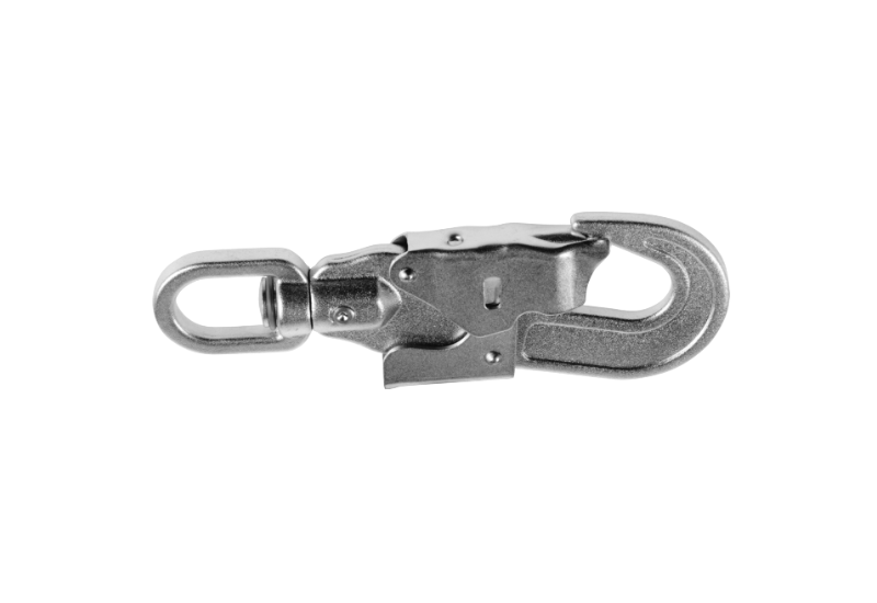 Détail petit crochet acier ouverture 21 mm et indicateur de chute de l'enrouleur câble Delta Plus MAXIBLOC AN10006T