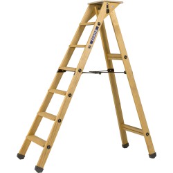 Escabeau en bois Lyonnais Duarib 6 marches déployé avec tablette outils et patins antidérapants