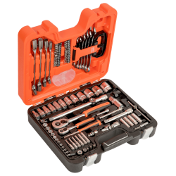 Coffret douille Bahco S910 ouvert montrant cliquets 1/4 et 1/2, douilles longues et clés mixtes