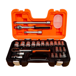 Coffret douille Bahco S240 ouvert montrant le cliquet 1/2, les rallonges et les 24 outils professionnels
