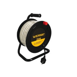 Ruban led jaune allumé déroulé au sol sur chantier avec son enrouleur noir.