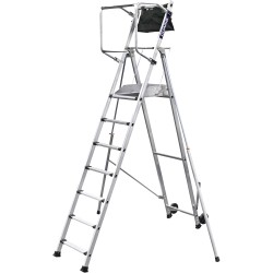 Plateforme DUARIB T-REX 7 marches vue d’ensemble avec stabilisateurs et roues Ø150 mm