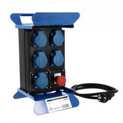 Coffret électrique de chantier Wilmart 5 prises avec clapets étanches IP44, cadre en acier laqué et bouton arrêt d'urgence.