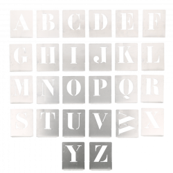Jeu de 26 pochoirs lettres A-Z hauteur 50mm Wilmart en métal mince pour marquage industriel.
