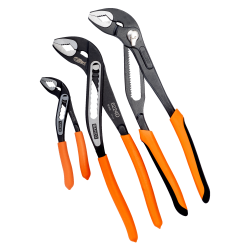 Kit de 3 pinces multiprises Bahco : une à réglage rapide (bouton jaune) et deux standards, dans un étui de rangement.