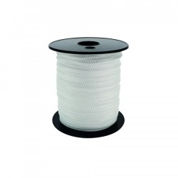 Cordeau de traçage Wilmart en polypropylène blanc tressé 8 fuseaux, diamètre 2,5 mm, longueur 100 m sur flasque.
