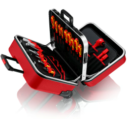Mallette trolley KNIPEX BIG Twin Move Red ouverte avec 42 outils isolés pour électriciens