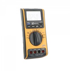 Multimètre 5 en 1 réf. 005720 – boîtier jaune et noir, sélecteur multifonction, entrées 10A/mA/°C/COM/V-Ω, classe II