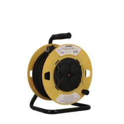 Enrouleur câble H07RN-F 25 m 3G1,5 mm² IP44 réf. 005803 – flasque souple jaune, 4 prises à clapet, disjoncteur thermique rouge