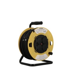 Enrouleur de câble Wilmart réf. 005813 – câble H07RN-F 25 m 3G2,5, 4 prises à clapet IP44, flasque jaune souple