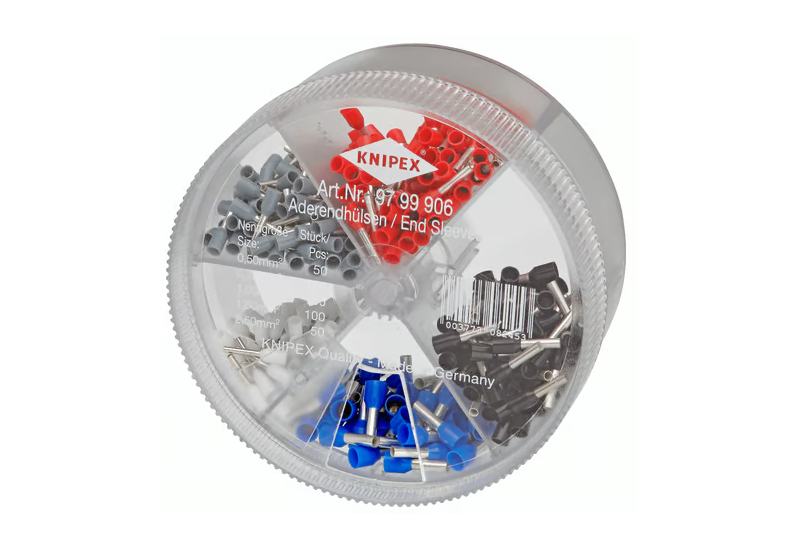 Coffret rond transparent Knipex Ø 90 mm, assortiment d'embouts de câble isolés 0,5 à 2,5 mm²