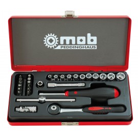 Coffret douilles 1/4 MOB ouvert avec cliquet rond et 29 pièces rangées dans mousse