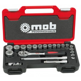 Coffret cliquet et douilles MOB Box Medium 21 pièces ouvert avec clé à cliquet 1/2 pouce et rallonges